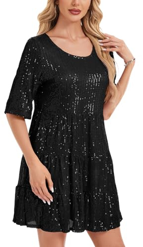 Kyzoeyou Kurzarm Glitzer Sommerkleid Damen mit Pailletten Midi Kleider Leicht Kleid Casual Tunika Plissee Swing Freizeitkleid