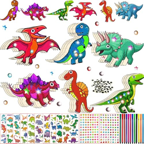 260PCS Dino Bastelset Kinder ab 3 4 5 6 7 8 Jahre, Holz zum Basteln & DIY, Basteln Kindergeburtstag, Dino Mitgebsel Kindergeburtstag mit 24 Holz, 192 Strasssteine, 30 Augen, 12 Farbstifte, usw(A)