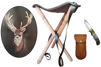 TORO SURVIVAL Tabouret trépied pliable en cuir, bois de pin, sangle de transport, cerf brodé + couteau pliant avec housse en cuir (cerf)