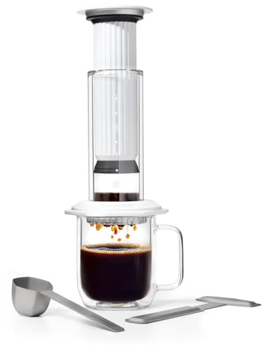 AeroPress Premium koffiepers – glas, roestvrij staal & aluminium alles-in-één French Press, handmatige filter- & espressomaker. Zet in 2 min een minder bittere, smaakvollere kop koffie, Weiß