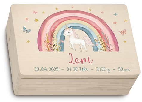 kultdog Premium Holzkiste Geschenk Mädchen zur Geburt Geburtstag Taufe Baby Holzbox Truhe Erinnerungsbox Erinnerungskiste individualisiert personalisierbar farbiger Druck rosa pink Regenbogen Einhorn