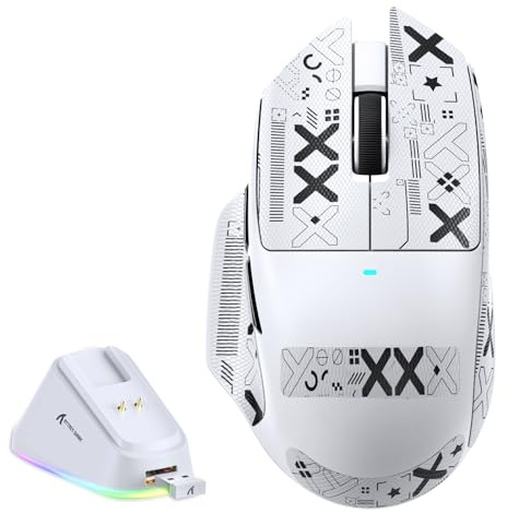 MAMBASNAKE x ATTACK SHARK V6 Mouse Gaming Wireless con Base di Ricarica Magnetica, Peso 65 g, Sensore PAW3311, 25000 DPI, BT/2.4G/USB-C,100M Click, 500mAh per Destrimani–Bianco+Grip Tape