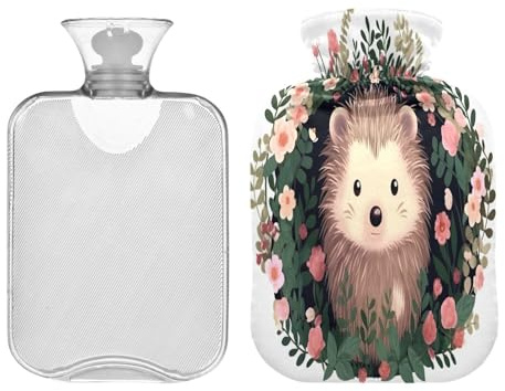 Waassud Cute Hedgehog Hot Water Bottle with Soft Cover Hot Water Bag for Pain Relief 2L Water Heating Pad for Neck Shoulder Small