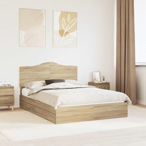 YuuSsea Sonoma-Eiche Stauraumbett 140x200cm, Holzwerkstoff Doppelbettrahmen mit 2 Schubladen, modernes Plattformbett für Schlafzimmer, langlebig & pflegeleicht