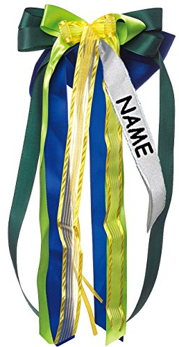 alles-meine.de GmbH große 3-D Schleife - 24 cm breit u. 47 cm lang - blau - grün & gelb - incl. Name/Text - Geschenkschleife/Geschenkband mit edlen Satin Bändern, Tüll & ..