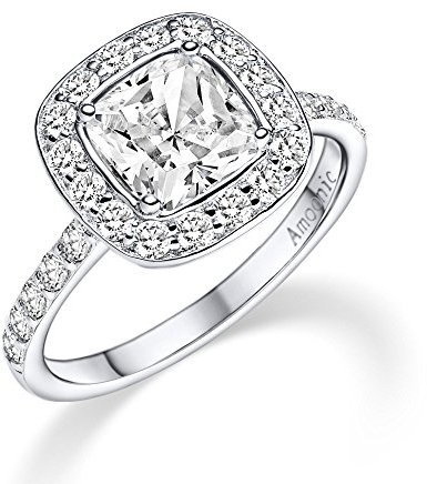 Silber Ring 925 Verlobungsringe von AMOONIC mit Zirkonia Damen-Ring Vorsteckring Kissen Stein quadratisch Ehering Trauring dünn schlicht schmal FF591 SS925ZIFAZIFA50