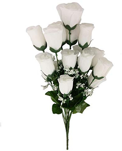 18 Head Rose Bud Bouquet - Artificial Silk Flowers Fake Funeral[White]