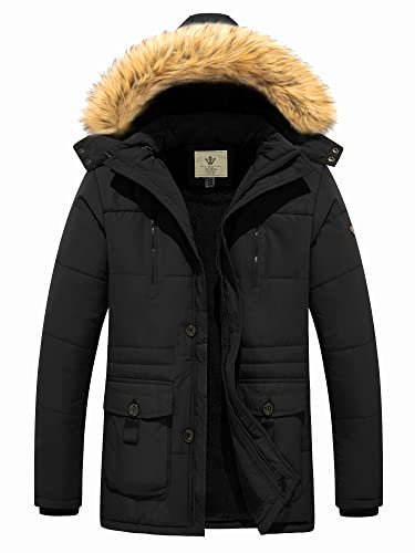 WenVen Homme Veste d'hiver Chaude Manteau Coupe-Vent Veste d'Extérieur Mi-Longue Décontractée à Capuche Doublure en Polaire Parka Militaire Classique Noir 3XL
