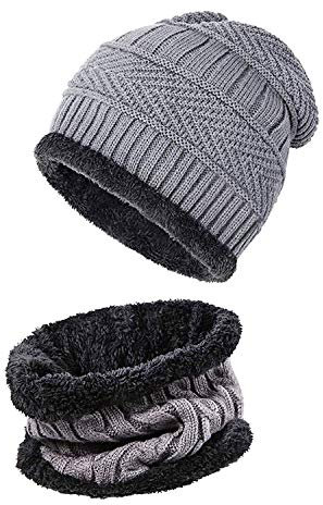 PPpanda Beanie Hat and Circle Scarf Set for Men, Winter Hat Warm Knitted Hat and Neck Warmer,Grey