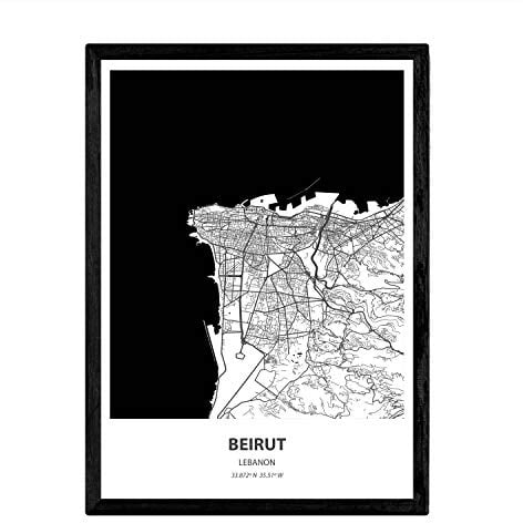 Nacnic Plakat mit Karte von Beirut - Libanon. Blätter Städte in Afrika mit Meeren und Flüssen in schwarzer Farbe. A4-Format