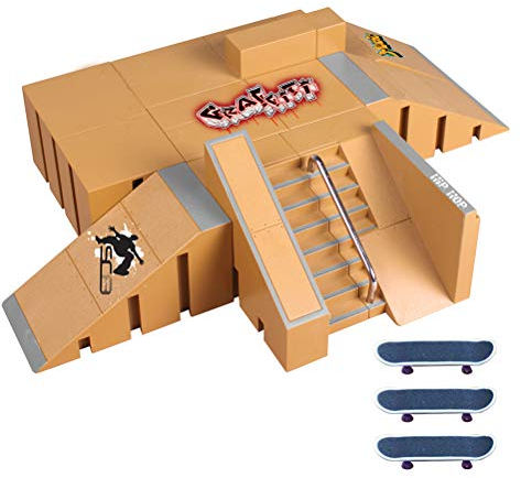 Stecto Mini Finger Skateboard Ramp Park Set mit 5 Fingerboards, Skater-Partys und 3 Fingerboards, Skate Park Rampen-Set, Fingerboards, Geländer, Trainingsspiele