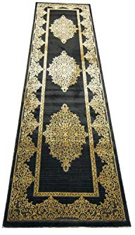 CARPETIA Teppich Wohnzimmer Kurzflor Teppich Ornamente schwarz Gold Größe 80 x 300 cm