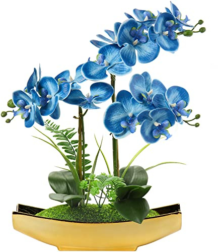 Briful Künstliche Orchideen, 38,1 cm, blaue Phalaenopsis, künstliche Orchidee mit Goldtopf, Fake-Pflanze für Zuhause, Büro, Schlafzimmer, Weihnachts-, Hochzeits- und Partydekoration