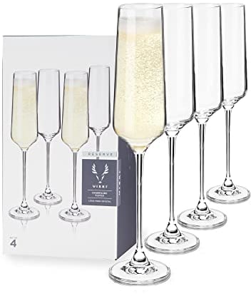 Viski Champagne Flutes, 4 Lead-Free Crystal Sparkling, Stemmed Wine Glass Set European Made Glassware, Set of 4, Clear, (10103)