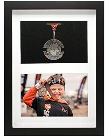 Medaillenrahmen für Medaillen und Foto, Triathlon und Marathon Finishing Medal & Photo Frame Kit, Medaillen Vitrine für Läufer, Fußball, Gymnastik, alle Sportarten (Schwarz, A4)