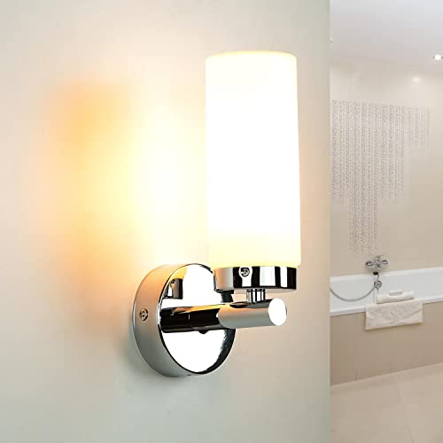 Schmale Wandleuchte Bad, Badezimmer Lampe Wand, in Chrom, Metall, Glas, Spiegelleuchte, blendarm, E14, H:22 cm, diffuses Licht, Badezimmerlampe