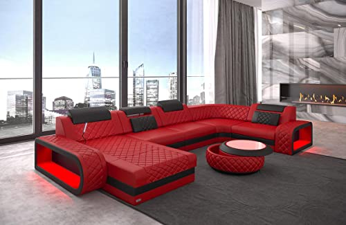 Wohnlandschaft Berlin U Form Leder mit Kopfstützen Sofa mit LED Beleuchtung Moderne Couch (Ottomane Links, Rot-Schwarz)