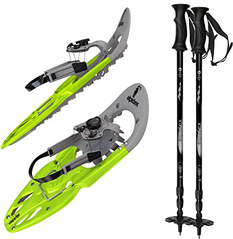 ALPIDEX Schneeschuhe mit Stöcke 25 oder 29 Inch Schnellverschluss Bindung Schuhgröße 38-46 bis 140 kg Steighilfe Tragetasche Teleskopstöcke, Farbe:Lime Green, Größe:25 Inch