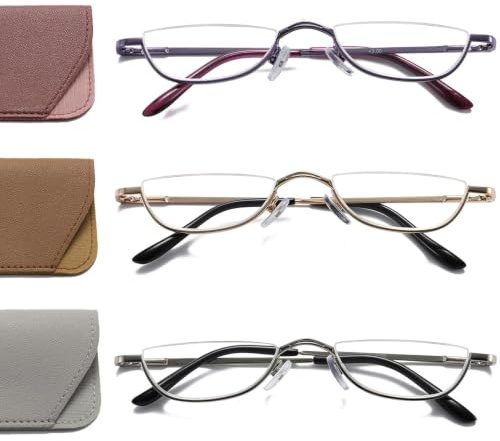 Hubeye Half Frame Reading Glasses Metal Slim Half Moon Lens Retro Ultra Thin Readers With Spring Hinges For Men and Women