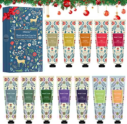 Crema Mani Set, 12 Pezzi Contiene 10 Creme Mani Idratanti Profumate, 2 Creme Piedi, per i Piedi per Mani Secche e Screpolate