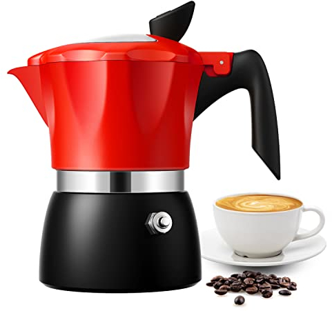 TWOMEOW Stovetop Coffee Maker Espresso Italian Moka Pot with Transparent Top Lid, 150ml-3 Espresso Cups, Classic Aluminium Coffee Percolator, Red/Black