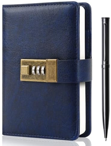 WEMATE Tagebuch mit Schloss, Tagebuch mit Schloss, Passwort-Notizbuch, Stift und Geschenkbox – perfekt für Männer und Frauen – 10,9 x 15,7 cm Dunkelblau Bewahren Sie Ihre Geheimnisse sicher auf