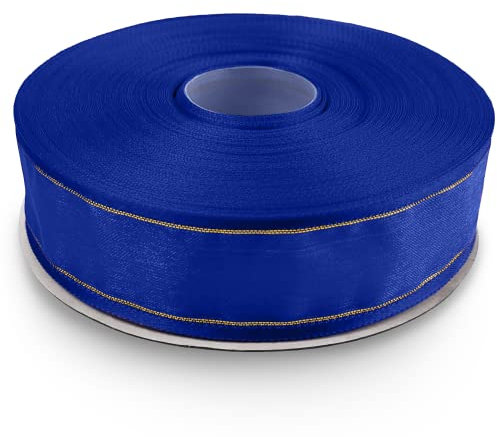 Netuno 1 x Chiffonband Dunkelblau mit Goldfaden 25 mm x 22 m Organza Band Polyester Schleifenband transparent Geschenkband Dekoband für Geschenke Hochzeit Weihnachten Kommunion Taufe Basteln