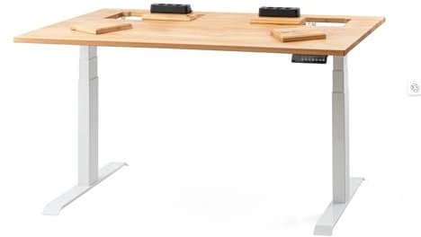 ErgoHide® Höhenverstellbarer Schreibtisch aus Massivholz mit erweitertem Kabelmanagement/Kabelkanal (Eiche, Weiß, Rechteckig, 180x80cm)