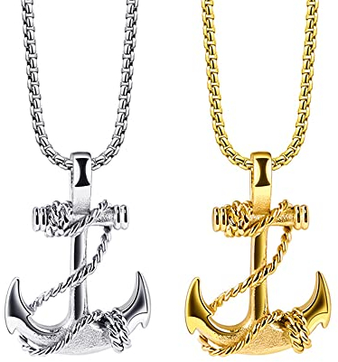 Liitata 2 Stück Anker Anhänger Halskette Nautisch Anchor Anhänger Kette Rock Gothic Punk Hip Hop Kette Talisman Halsketten für Männer - Gold Silber