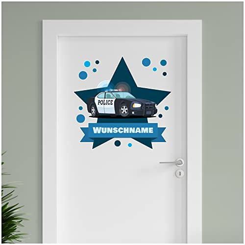 Finest Folia personalisierbarer Türaufkleber Wandtattoo Kinderzimmer für Tür Wand Mädchen Jungen Wandaufkleber mit Wunschname Wunschtext Türschild Aufkleber (02 Polizeiauto)