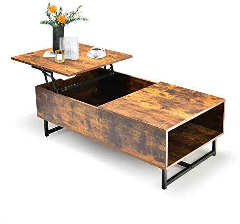 GOPLUS Couchtisch höhenverstellbar, Wohnzimmertsich ausziehbar mit versteckter Stauraum, Lift-up Kaffeetisch für Wohnzimmer & Büro (Braun)