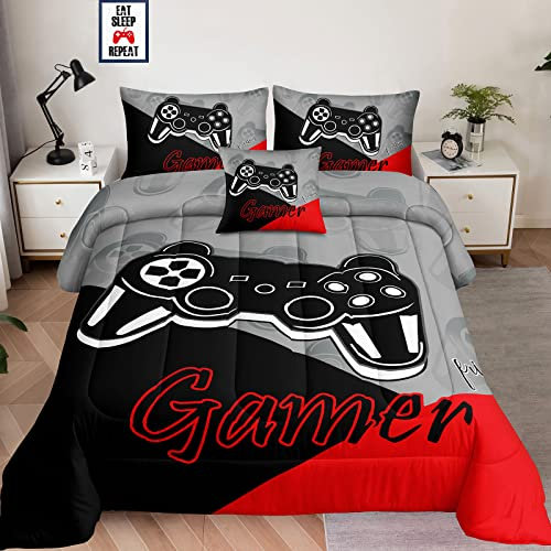 lris Bedding Queen Gamer Comforter Sets for Boys,5 Piece Bed in A Bag Gaming Bedding Set for Kids,Game Console Pattern Bed Set with Flat Sheet,Fitted Sheet,Pillowcases,Cushion Cover