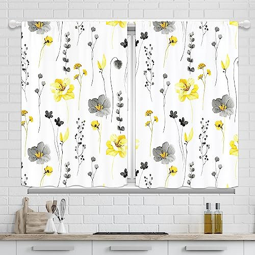 Yorida Tende da cucina gialle grigie boho floreali rustiche beige fiore tende per finestra del bagno 2 pannelli Botanical Cafe corte piccole tende casali finestre Tier trattamento tende 60 x 99 cm