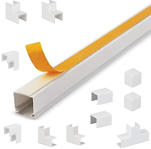 Lion Electric Goulotte autocollante blanche 12 x 12 mm | 4 x 1 m avec connecteurs – Goulotte de câbles pour cacher les câbles – Passe-câbles de différentes tailles – Barre de câbles pour bureau, mur