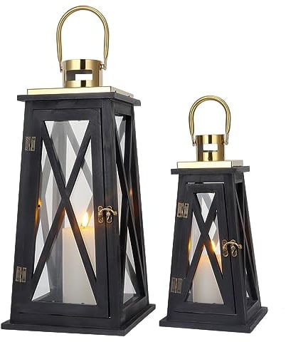 TRIROCKS 2 Stück Kerzen Laternen 55 cm & 40 cm Hoch Holz Schwarz Kerzenhalter Vintage Kerzenständer mit Glas Silber Metallring Gartendeko Grablaterne Balkon Deko für Muttertag Hochzeit