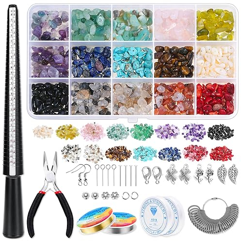 VEVOQIM Ringe Selber Machen Set, Schmuck Selber Machen Set, Ohrringe Selber Machen Set Natürlicher Edelsteine set,Kristallperlen Schmuck Basteln Bastelset Kit für DIY Schmuck Armband (15 Farbe)