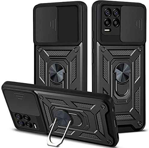 WBWONE Funda para Realme 8 Pro | Realme 8 4G, Anti-Rasguño Shock- Absorción TPU/PC Carcasa con 360° Anillo Kickstand y Cubierta Deslizante de la Cámara, Negro