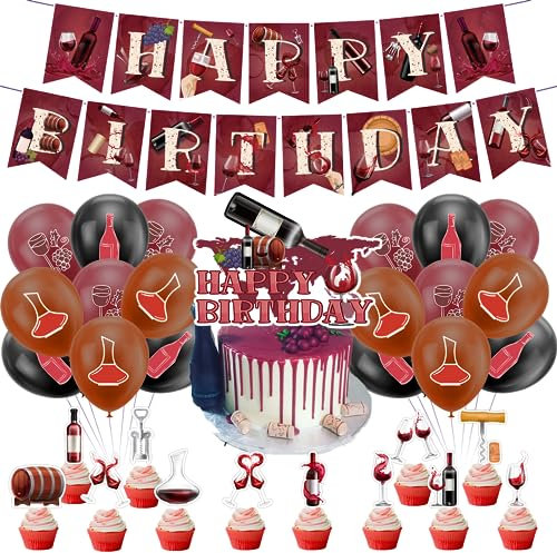 Vino rosso Decorazioni di compleanno Vino rosso Forniture del partito Set Vino rosso Banner di compleanno Torta Topper Cupcake Toppers Palloncini per le decorazioni del partito del vino rosso