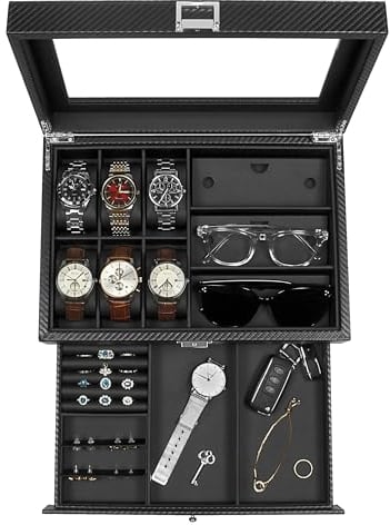 KILHS Uhrenbox Herren, Uhrenkasten mit transparentem Glasdeckel, 2 Ebenen, für 6 Uhren und 3 Sonnenbrillen, abschließbar, PU-Leder in Schwarz, Uhrenaufbewahrung für Uhren, Schmuck, Manschettenknöpfe