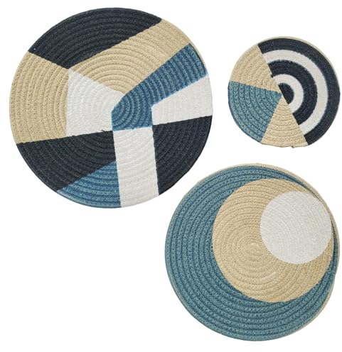 Hängender Wandkorb aus natürlichem Weidenrattan, Boho-Set, 3 Heimkunstkörbe, Platzteller, handgefertigte Seegras-Körbe für Boho, Bauernhaus und rustikale Wanddekoration, Tischdekoration und mehr