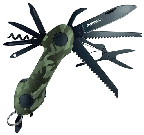 Munkees® Mini Taschenmesser [15 in 1] Grüntarn - Kompaktes Multifunktionsmesser - Taschen Messer mit Schlüsselanhänger - Kleines, Robustes Taschenmesser Mini
