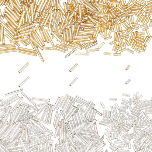 PH PandaHall 1800 cuentas de cristal de 3 tamaños, cuentas de tubo de 5/9/12 x 2 mm de largo, cuentas espaciadoras sueltas metálicas para manualidades, pulseras, collares, joyería, costura, dorado y