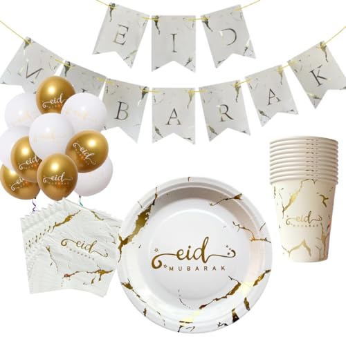 OBD2 Kit vaisselle et décoration aid moubarak - set décoration 10 personnes complet avec assiettes jetables gobelets serviettes banderole ballon et sticker pour boite à gateau