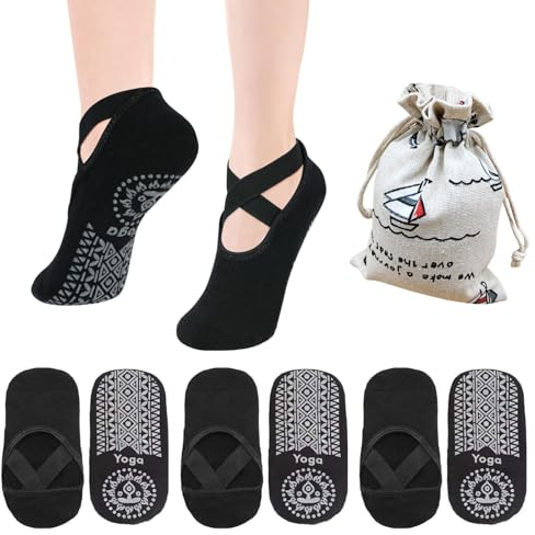 Roinaid Yoga Socken 3 Paar Pilates Socken, Schwarz Antirutsch Socken Damen, Grau Pilates Socken, Antirutsch Socken Damen Yoga Socken Rutschfest für Yoga, Pilates, Barre, Ballett, Tanz (EU35-40)