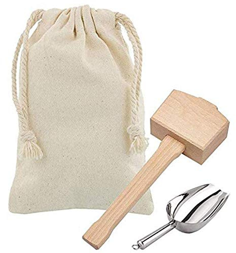 MEETOZ Lewis Tasche und Holzhammer Crusher, wiederverwendbare Segeltuch-Eisbeutel, Holzhammer, Stahl-Eisschaufel, für Sommer-Barkeeper-Kit & Bar-Werkzeuge, Küchenzubehör