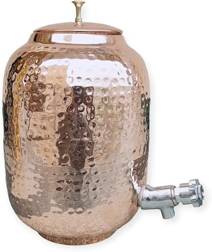Fashnkart Pure Hammered Copper Water Dispenser With Tap Matka Water Jug Copper Pot Copper Pitcher With Tap 8 Litre