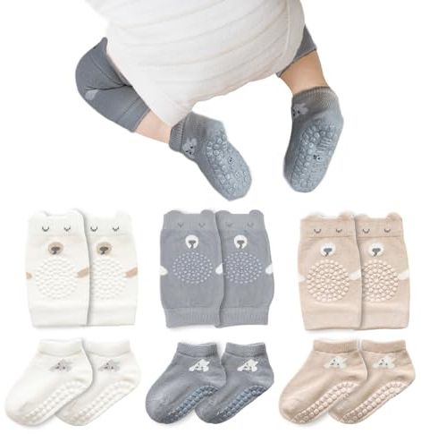 Rodilleras para bebé con 3 pares de rodilleras para bebés y 3 pares de calcetines para gatear para bebé, antideslizantes, con puntos de goma, protectores para gatear, para niños y niñas, 6-12 meses,