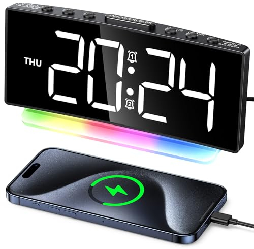 EOIWUY Wecker Digital, [Großes Display] Tisch Uhr Schlafzimmer mit Gebogenem Design, USB-Betriebene Alarm Clock für Tiefschläfer, 3 Lautstärkestufen, Doppelwecker, 12/24H (Adapter Nicht Enthalten)