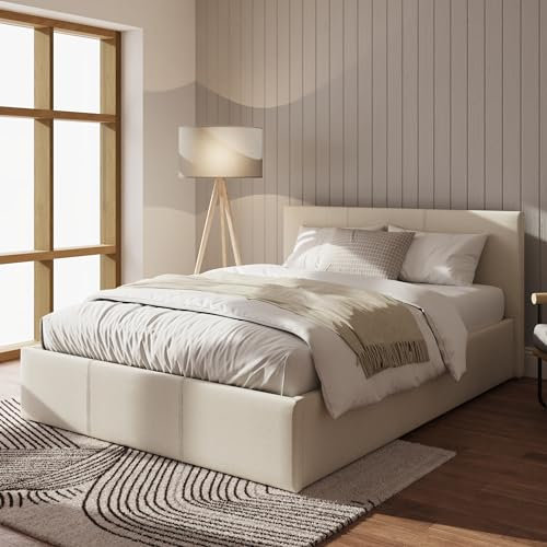 GFW Fabric Upholstered Ottoman Storage Bed With Gas Side Lift & Under Bed Storage, Natural, Double