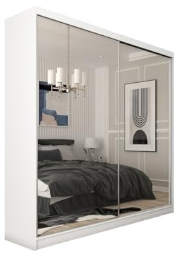 Margaret Hadas24 Kleiderschrank Darix mit Spiegel, Organizer, Mehrzweckschrank, Schwebetürenschrank, Garderobenschrank, Kleiderstange, Kleiderständer, Flurschrank, 2-türig, Schrank, weiß, 200 cm